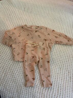 Girls' Light Pink Floral Waffle Knit Long Sleeve Top and bottom set